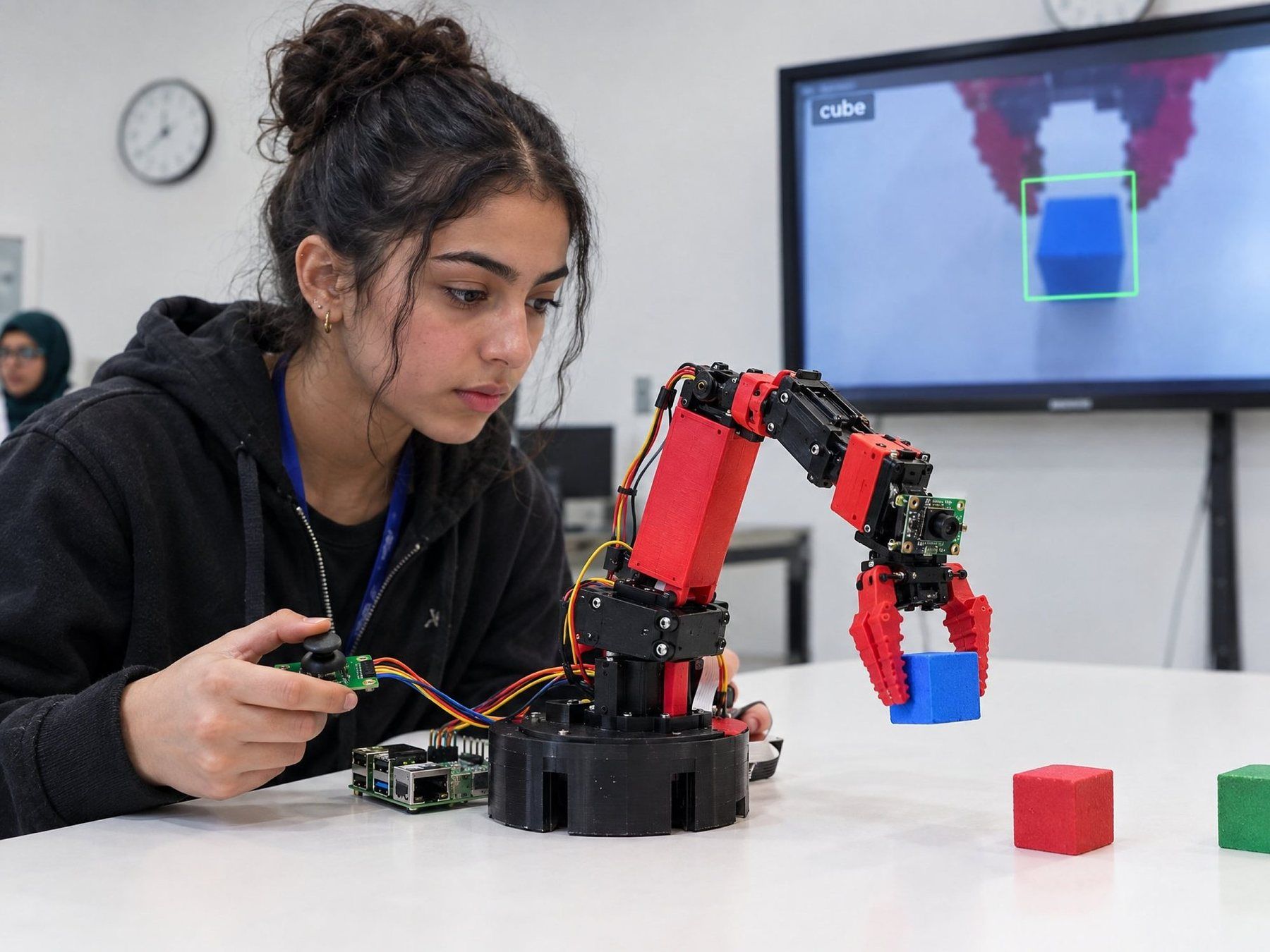 A Robocoder steering a robot arm she programmed