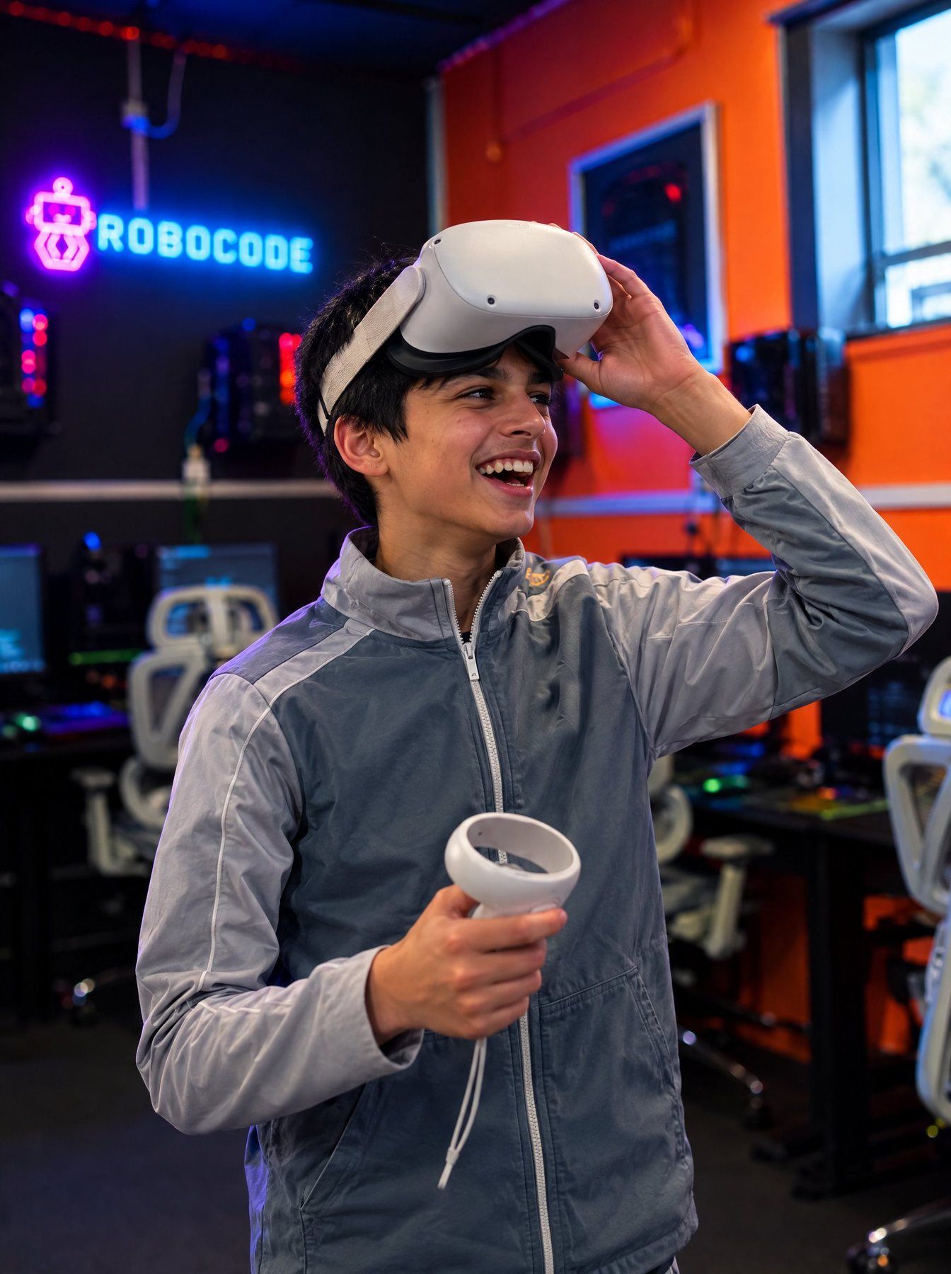 A Robocoder laughing as he lifts a virtual reality headset